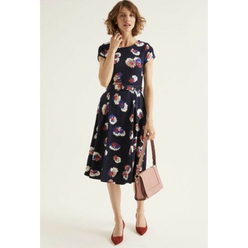 Boden Painted Daisy Aida Ponte Dress In Navy. Sz 8